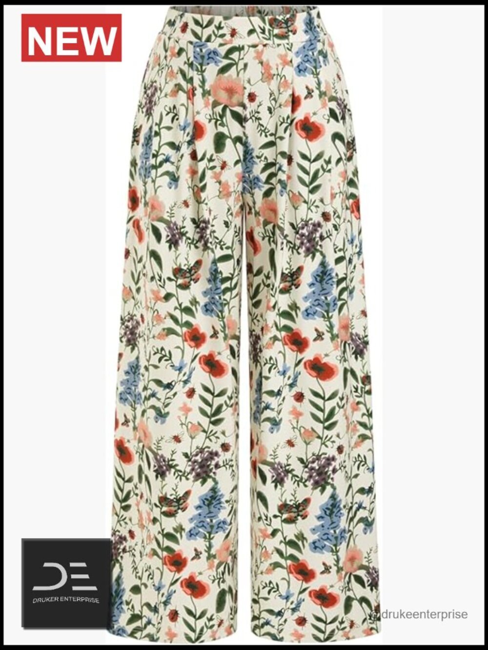 Wide Leg Palazzo Pants Floral Elastic Waist High Rise Lightweight Summer Boho